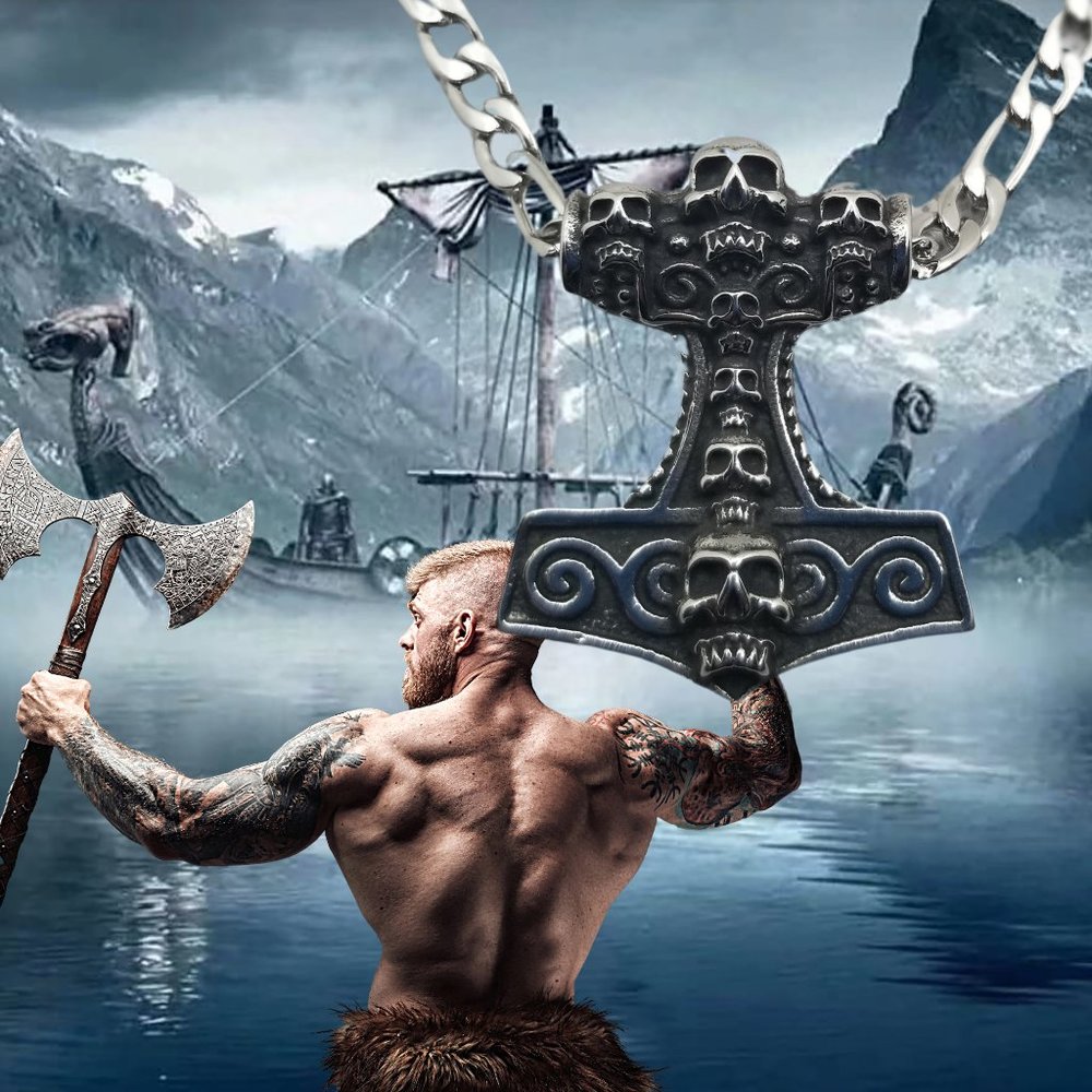 316 L Stainless Steel Pendants, Thor's Hammer, Skulls, Antique Silver Necklace